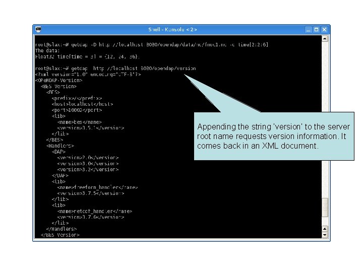Appending the string ‘version’ to the server root name requests version information. It comes