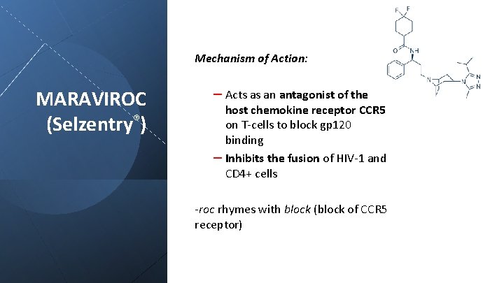 Mechanism of Action: MARAVIROC (Selzentry®) – Acts as an antagonist of the host chemokine
