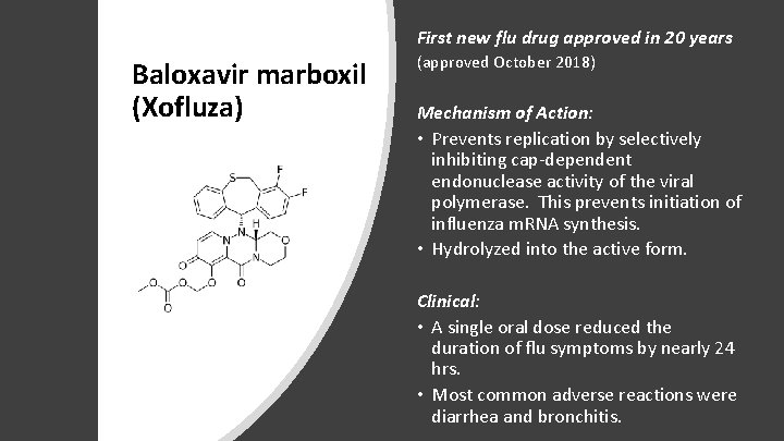First new flu drug approved in 20 years Baloxavir marboxil (Xofluza) (approved October 2018)