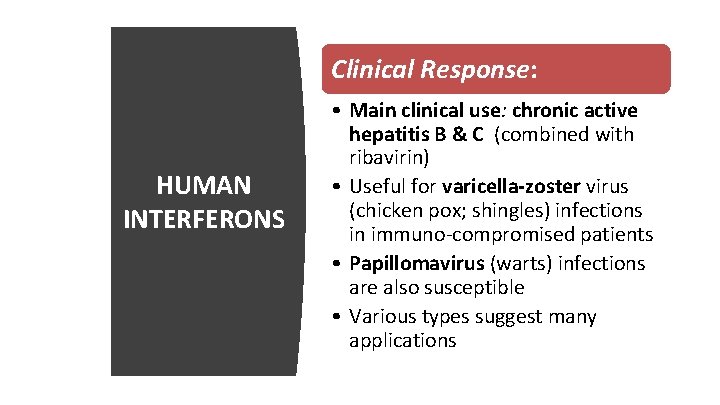 Clinical Response: HUMAN INTERFERONS • Main clinical use: chronic active hepatitis B & C