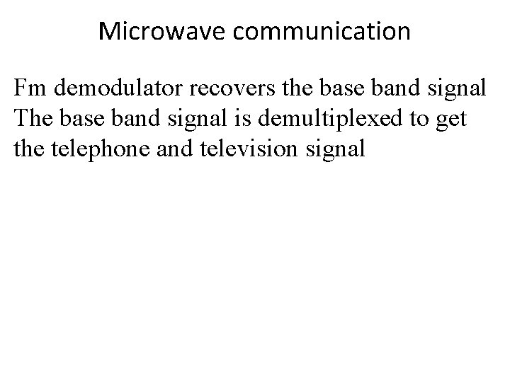 Microwave communication Fm demodulator recovers the base band signal The base band signal is