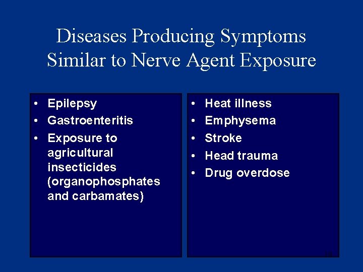 Diseases Producing Symptoms Similar to Nerve Agent Exposure • Epilepsy • Gastroenteritis • Exposure