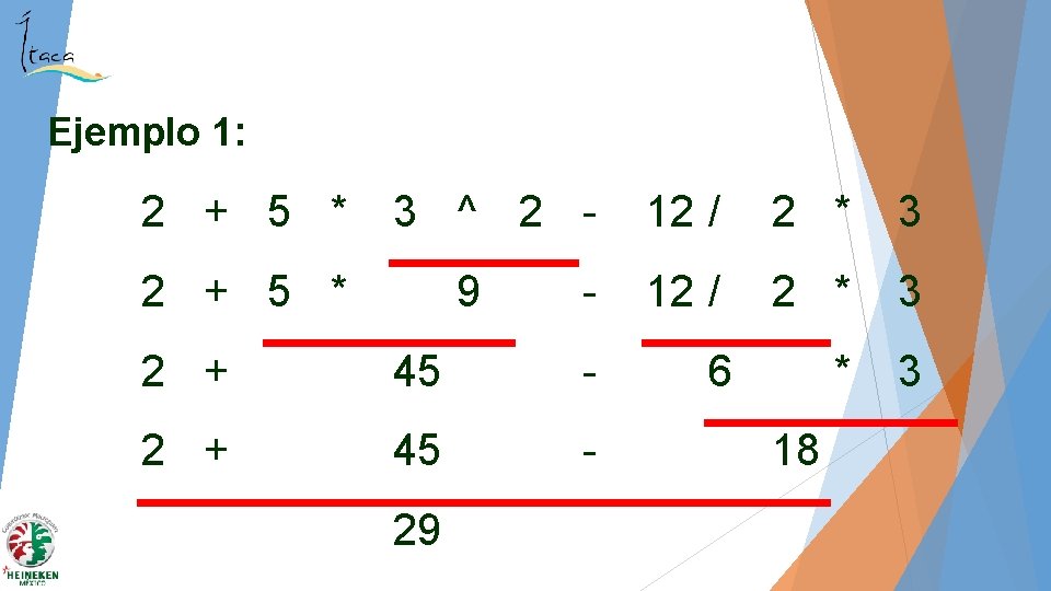 Ejemplo 1: 2 + 5 * 3 ^ 2 - 2 + 5 *