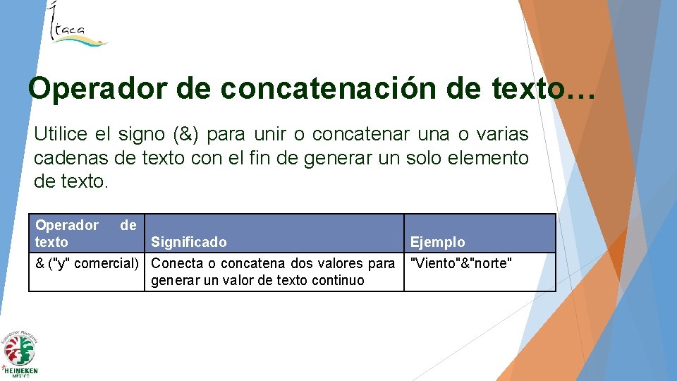 Operador de concatenación de texto… Utilice el signo (&) para unir o concatenar una