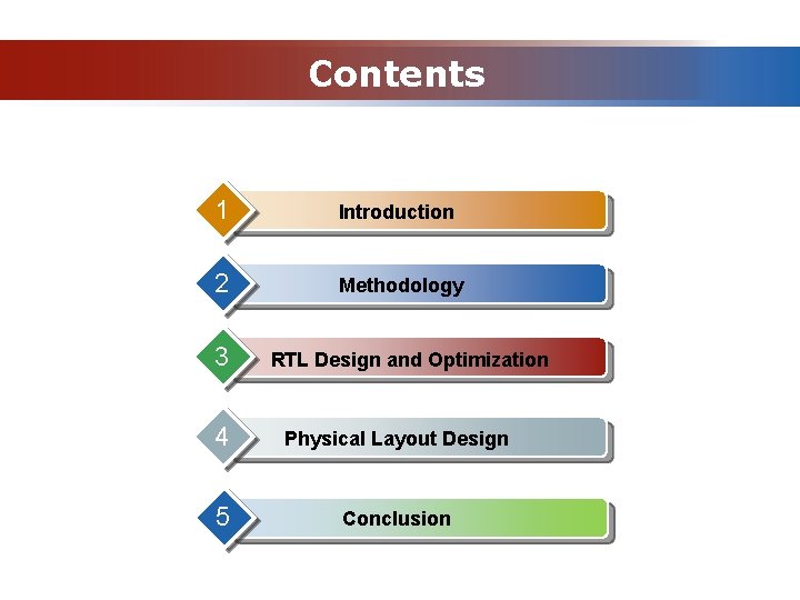 Contents 1 Introduction 2 Methodology 3 RTL Design and Optimization 4 Physical Layout Design