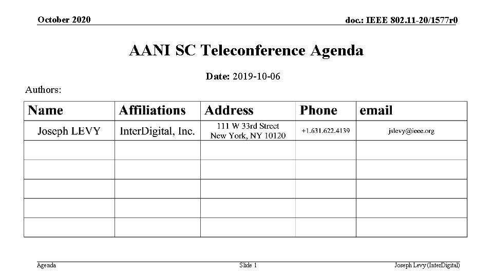 October 2020 doc. : IEEE 802. 11 -20/1577 r 0 AANI SC Teleconference Agenda