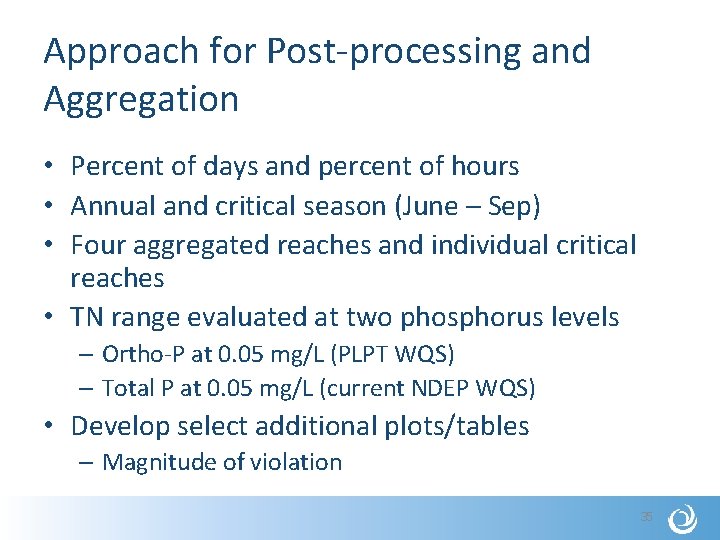 Approach for Post-processing and Aggregation • Percent of days and percent of hours •