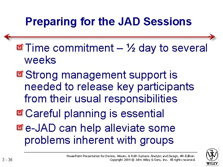 Preparing for the JAD Sessions Time commitment – ½ day to several weeks Strong