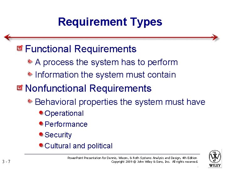 Requirement Types Functional Requirements A process the system has to perform Information the system