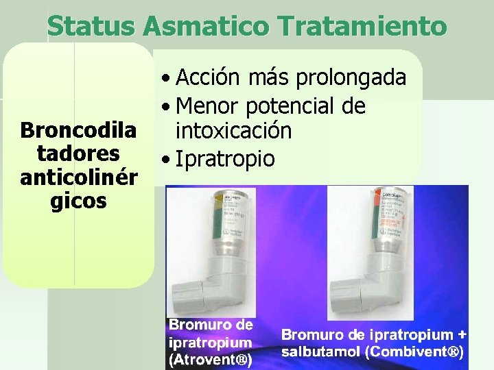 Status Asmatico Tratamiento Broncodila tadores anticolinér gicos • Acción más prolongada • Menor potencial