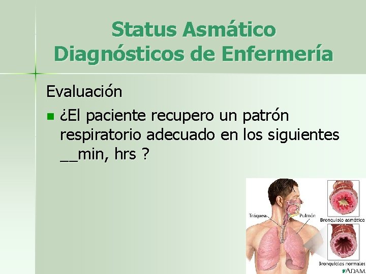 Status Asmático Diagnósticos de Enfermería Evaluación n ¿El paciente recupero un patrón respiratorio adecuado