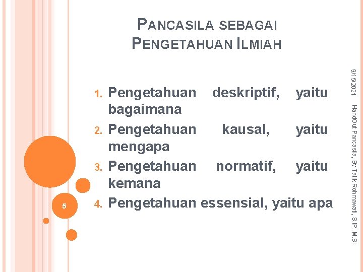 PANCASILA SEBAGAI PENGETAHUAN ILMIAH 3. 5 4. Hand. Out Pancasila, By Tatik Rohmawati, S.