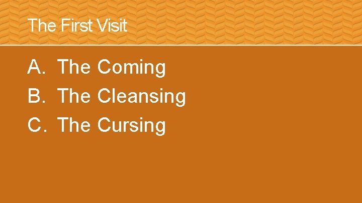 The First Visit A. The Coming B. The Cleansing C. The Cursing 