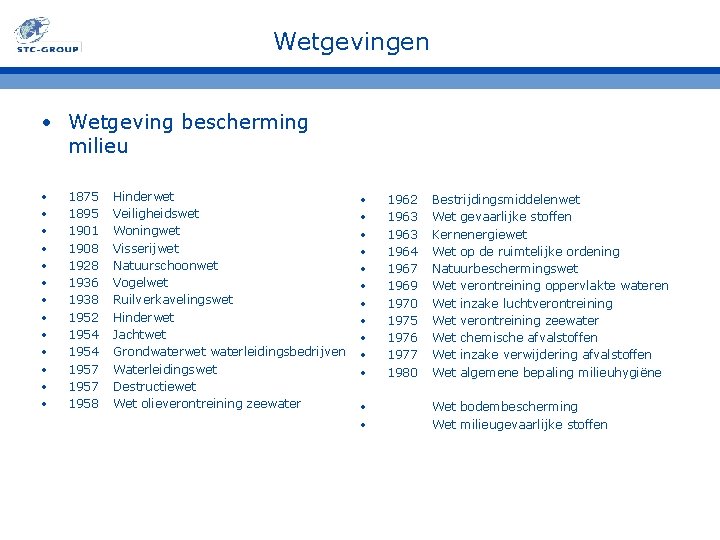 Wetgevingen • Wetgeving bescherming milieu • • • • 1875 1895 1901 1908 1928