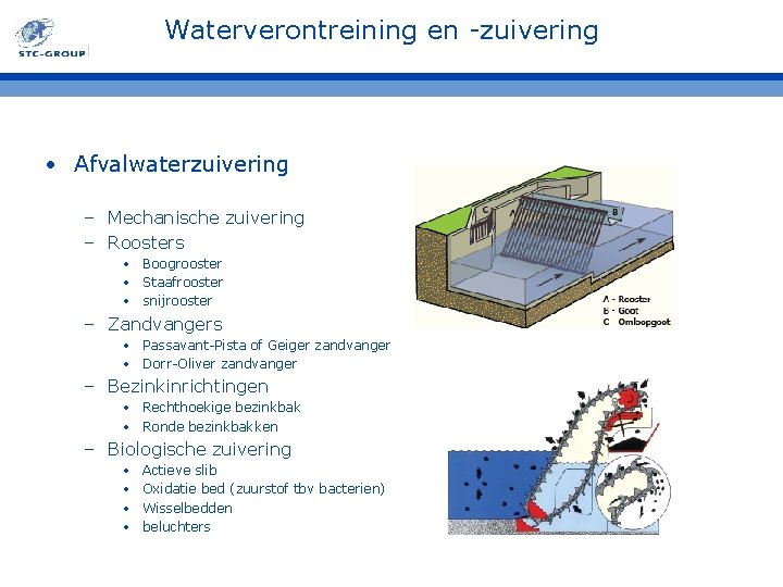 Waterverontreining en -zuivering • Afvalwaterzuivering – Mechanische zuivering – Roosters • Boogrooster • Staafrooster