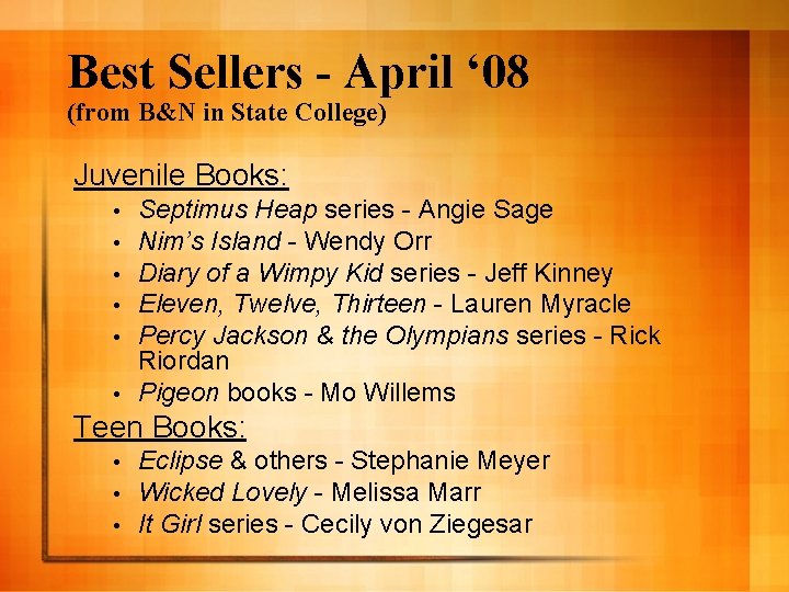 Best Sellers - April ‘ 08 (from B&N in State College) Juvenile Books: Septimus