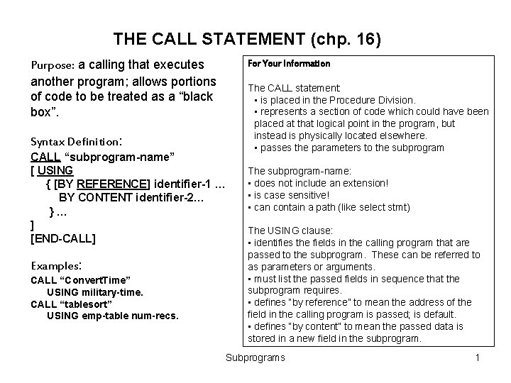 THE CALL STATEMENT chp 16 Purpose a calling