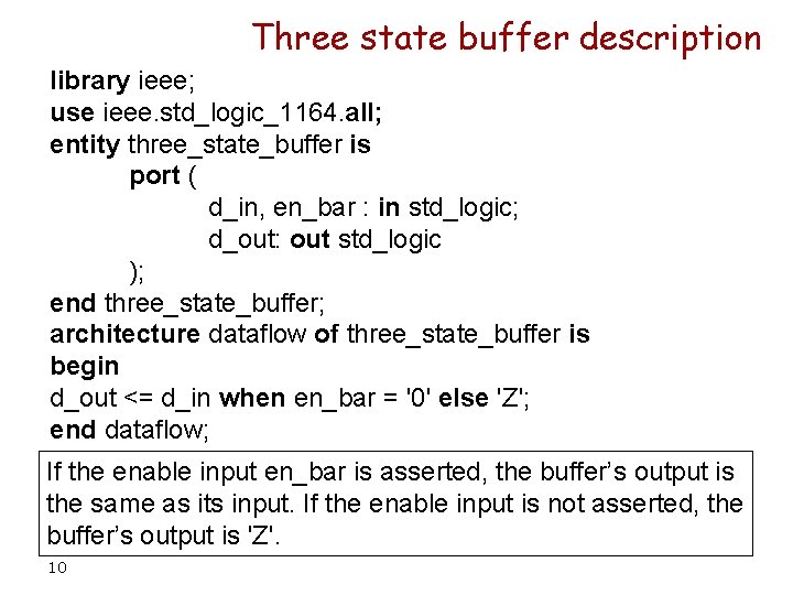 Three state buffer description library ieee; use ieee. std_logic_1164. all; entity three_state_buffer is port