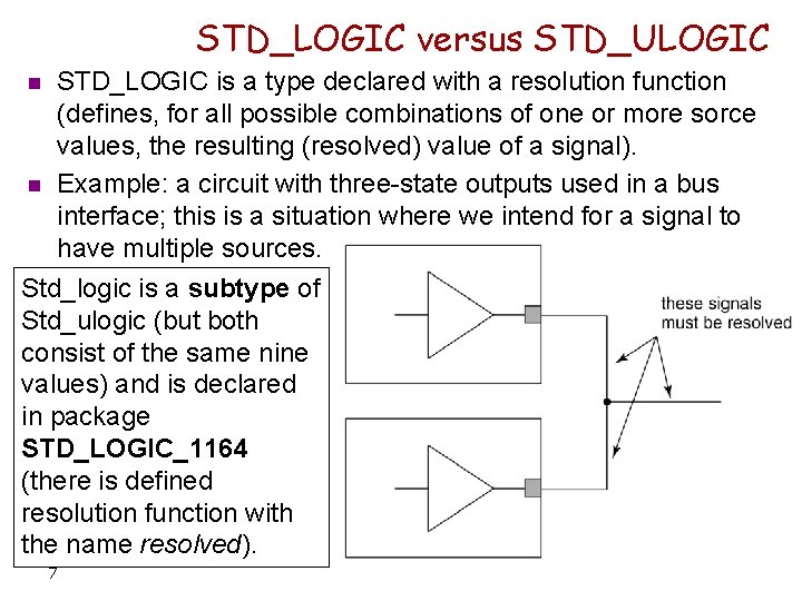 STD_LOGIC versus STD_ULOGIC n n STD_LOGIC is a type declared with a resolution function