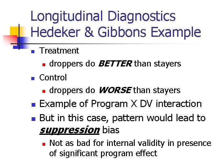 Longitudinal Diagnostics Hedeker & Gibbons Example n n Treatment n droppers do BETTER than