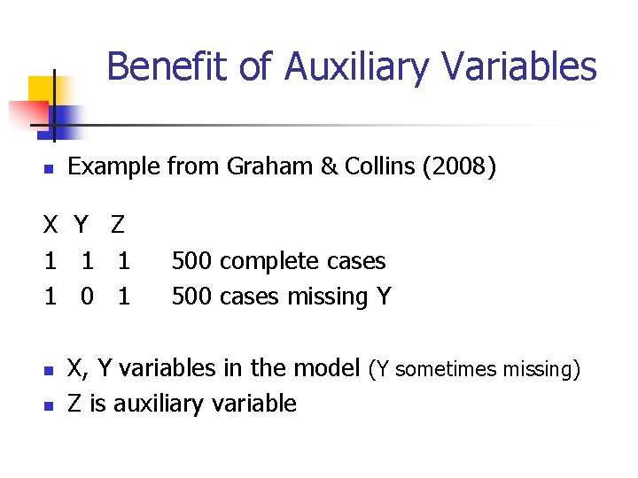 Benefit of Auxiliary Variables n Example from Graham & Collins (2008) X Y Z