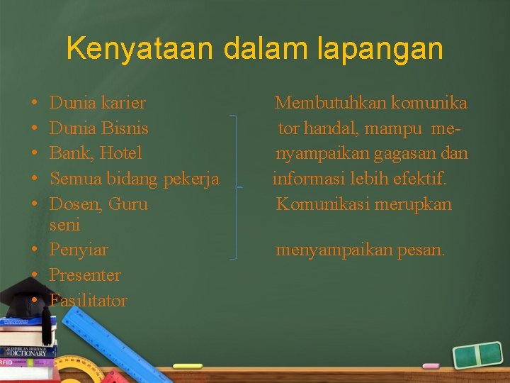 Kenyataan dalam lapangan • • • Dunia karier Dunia Bisnis Bank, Hotel Semua bidang