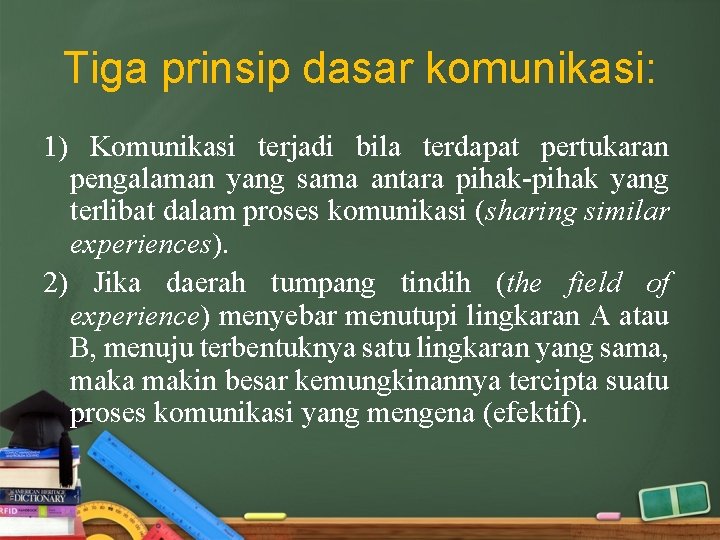 Tiga prinsip dasar komunikasi: 1) Komunikasi terjadi bila terdapat pertukaran pengalaman yang sama antara