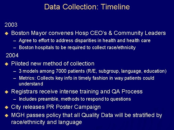 Data Collection: Timeline 2003 u Boston Mayor convenes Hosp CEO’s & Community Leaders –