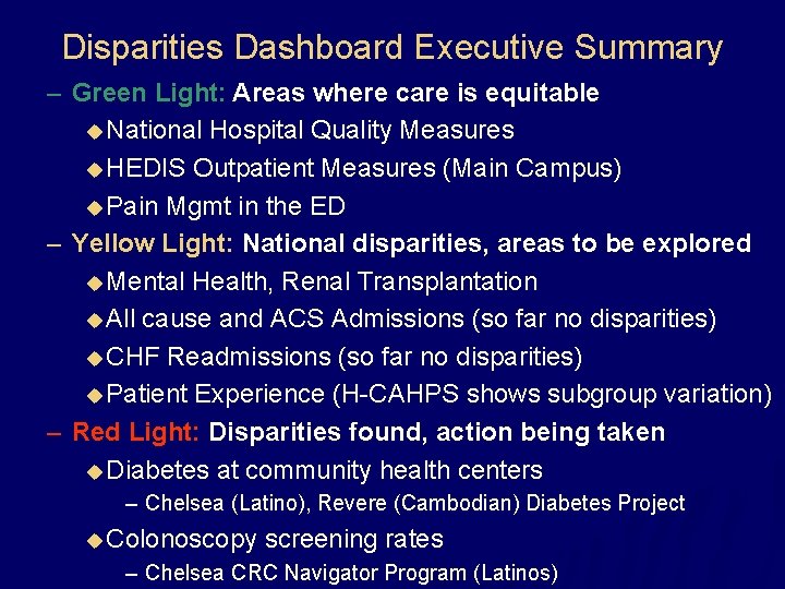 Disparities Dashboard Executive Summary – Green Light: Areas where care is equitable u National
