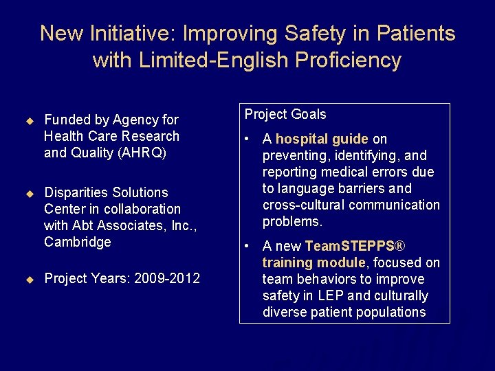 New Initiative: Improving Safety in Patients with Limited-English Proficiency u u u Funded by