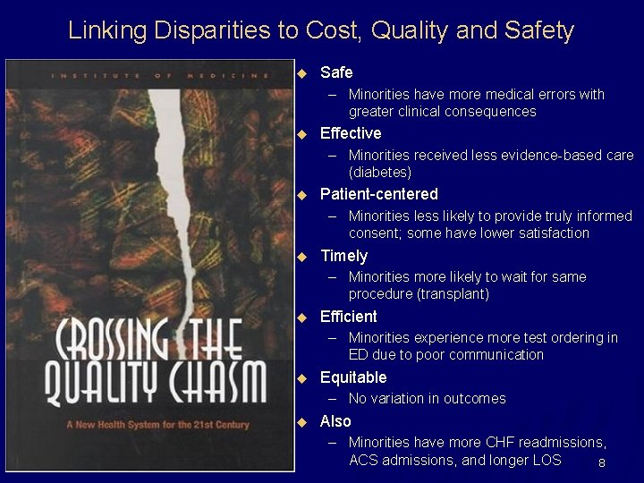 Linking Disparities to Cost, Quality and Safety u Safe – Minorities have more medical