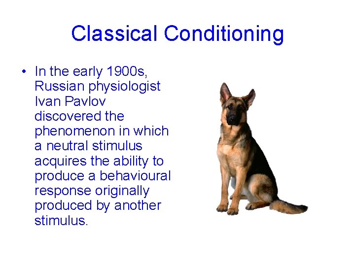 Classical Conditioning • In the early 1900 s, Russian physiologist Ivan Pavlov discovered the