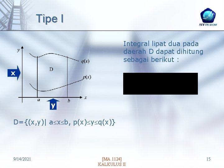 Tipe I Integral lipat dua pada daerah D dapat dihitung sebagai berikut : x