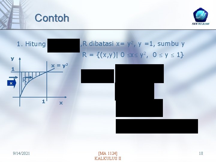 Contoh , R dibatasi x= y 2, y =1, sumbu y 1. Hitung R