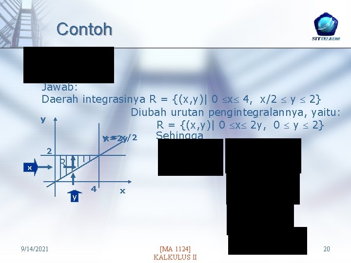 Contoh Jawab: Daerah integrasinya R = {(x, y)| 0 x 4, x/2 y 2}