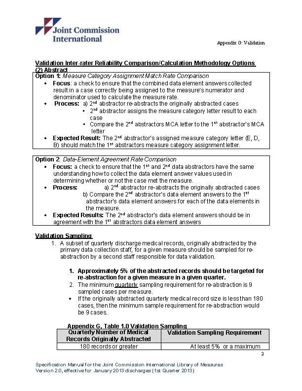 Appendix G: Validation Inter-rater Reliability Comparison/Calculation Methodology Options (2) Abstract Option 1: Measure Category Appendix G: Validation Inter-rater Reliability Comparison/Calculation Methodology Options (2) Abstract Option 1: Measure Category