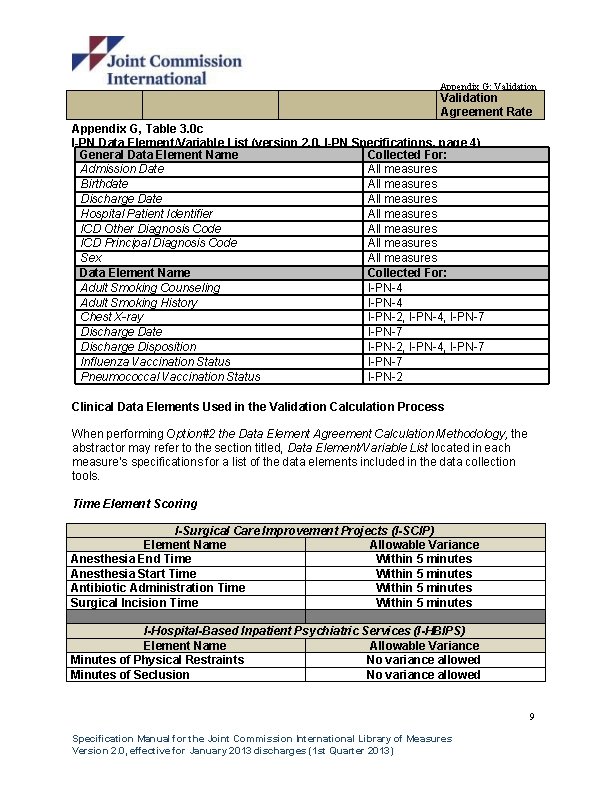 Appendix G: Validation Agreement Rate Appendix G, Table 3. 0 c I-PN Data Element/Variable Appendix G: Validation Agreement Rate Appendix G, Table 3. 0 c I-PN Data Element/Variable