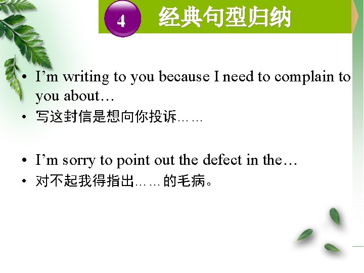 4 经典句型归纳 • I’m writing to you because I need to complain to you