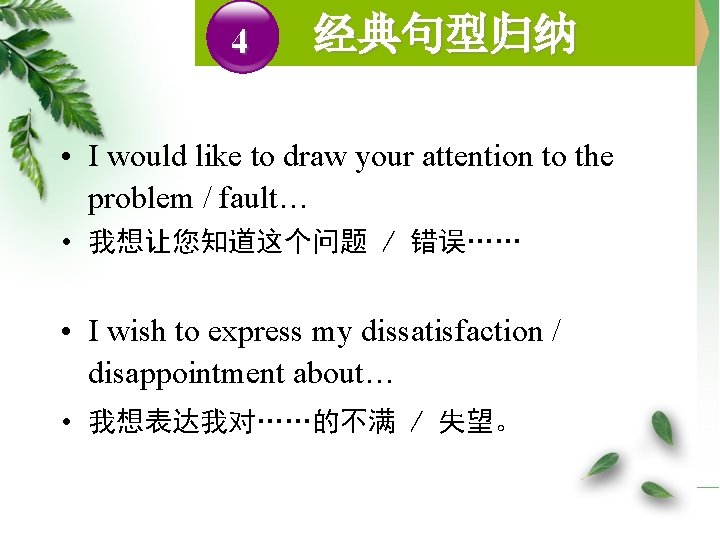 4 经典句型归纳 • I would like to draw your attention to the problem /