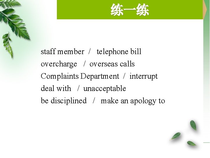 练一练 staff member / telephone bill overcharge / overseas calls Complaints Department / interrupt