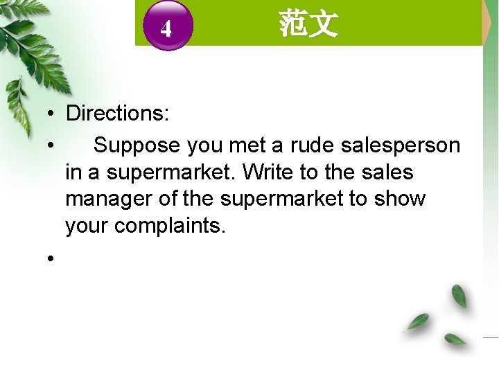 4 范文 • Directions: • Suppose you met a rude salesperson in a supermarket.