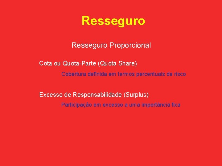 Resseguro Proporcional Cota ou Quota-Parte (Quota Share) Cobertura definida em termos percentuais de risco