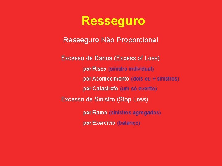 Resseguro Não Proporcional Excesso de Danos (Excess of Loss) por Risco (sinistro individual) por