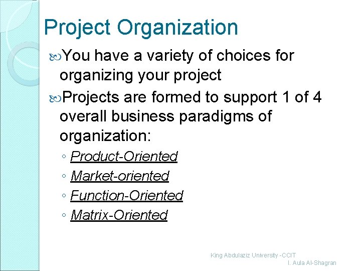 Project Organization You have a variety of choices for organizing your project Projects are