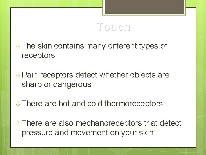Touch The skin contains many different types of receptors Pain receptors detect whether objects