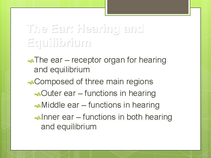 The Ear: Hearing and Equilibrium The ear – receptor organ for hearing and equilibrium