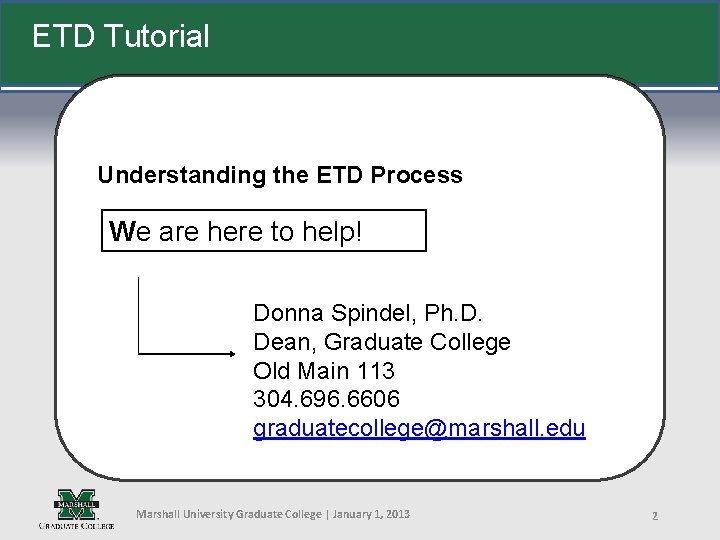 ETD Tutorial Understanding the ETD Process We are here to help! Donna Spindel, Ph.