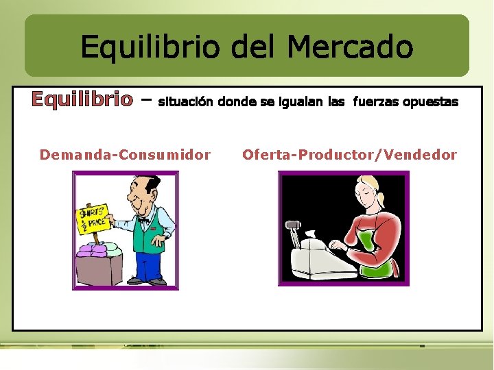 Equilibrio del Mercado Equilibrio – situación donde se igualan las fuerzas opuestas Demanda-Consumidor Oferta-Productor/Vendedor