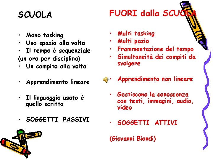 SCUOLA FUORI dalla SCUOLA • Mono tasking • Uno spazio alla volta • Il