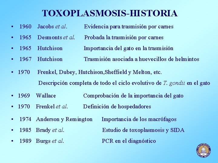 TOXOPLASMOSIS-HISTORIA • 1960 Jacobs et al. Evidencia para trasmisión por carnes • 1965 Desmonts